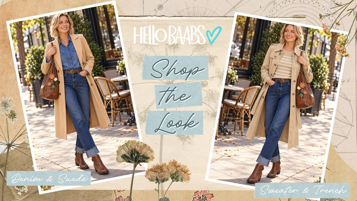 Two fall denim outfits with cuffed jeans and brown ankle boots: a denim shirt with a camel coat, and a beige striped sweater with a trench coat.