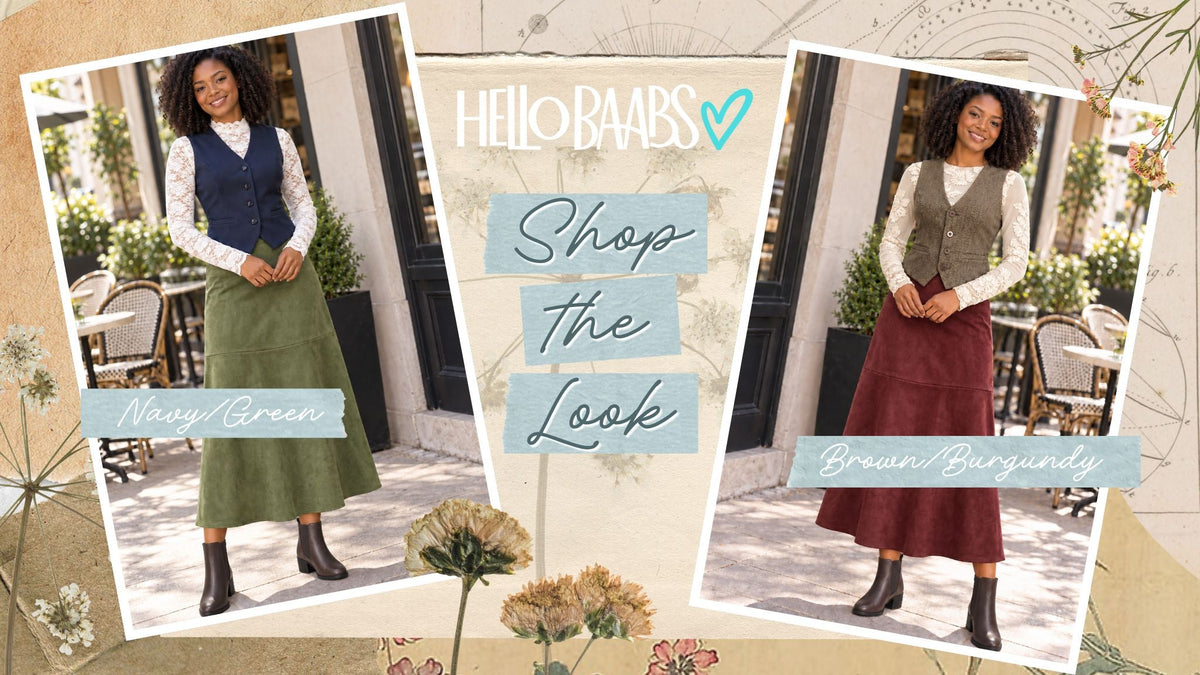 Two fall outfits featuring navy vest and olive green skirt alongside brown vest and burgundy skirt, styled with floral lace tops and brown ankle boots.