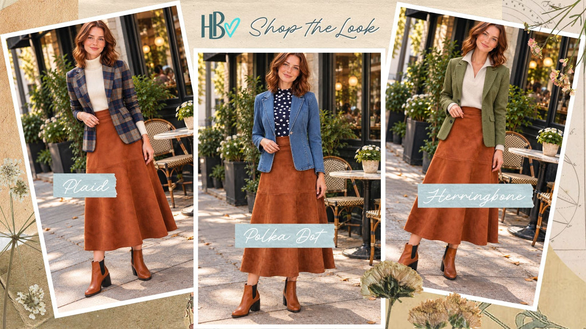 Two fall outfits featuring navy vest and olive green skirt alongside brown vest and burgundy skirt, styled with floral lace tops and brown ankle boots.