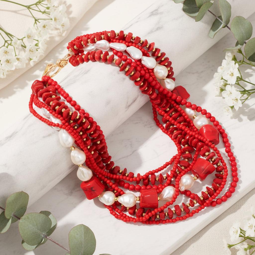 Pearl & Fire Bead Necklace - Hello Baabs LLC 