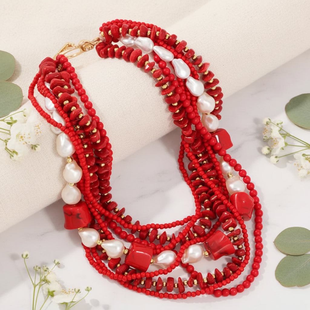 Pearl & Fire Bead Necklace - Hello Baabs LLC 