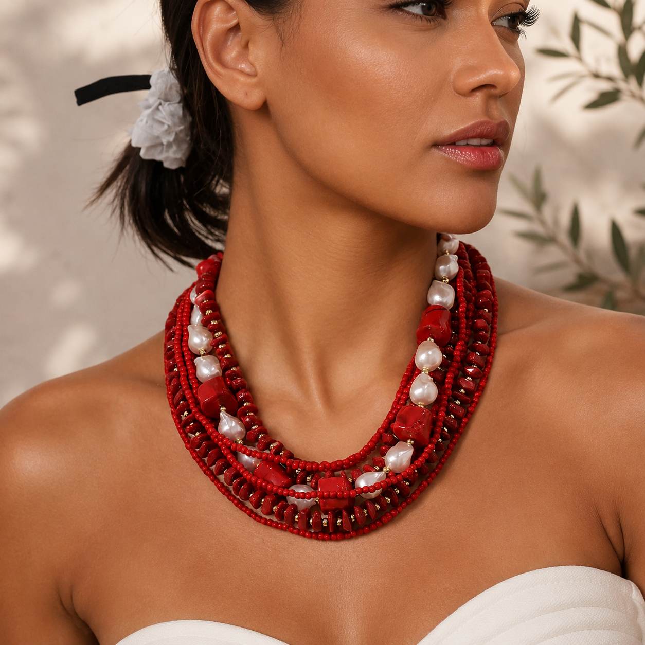 Pearl & Fire Bead Necklace - Hello Baabs LLC 