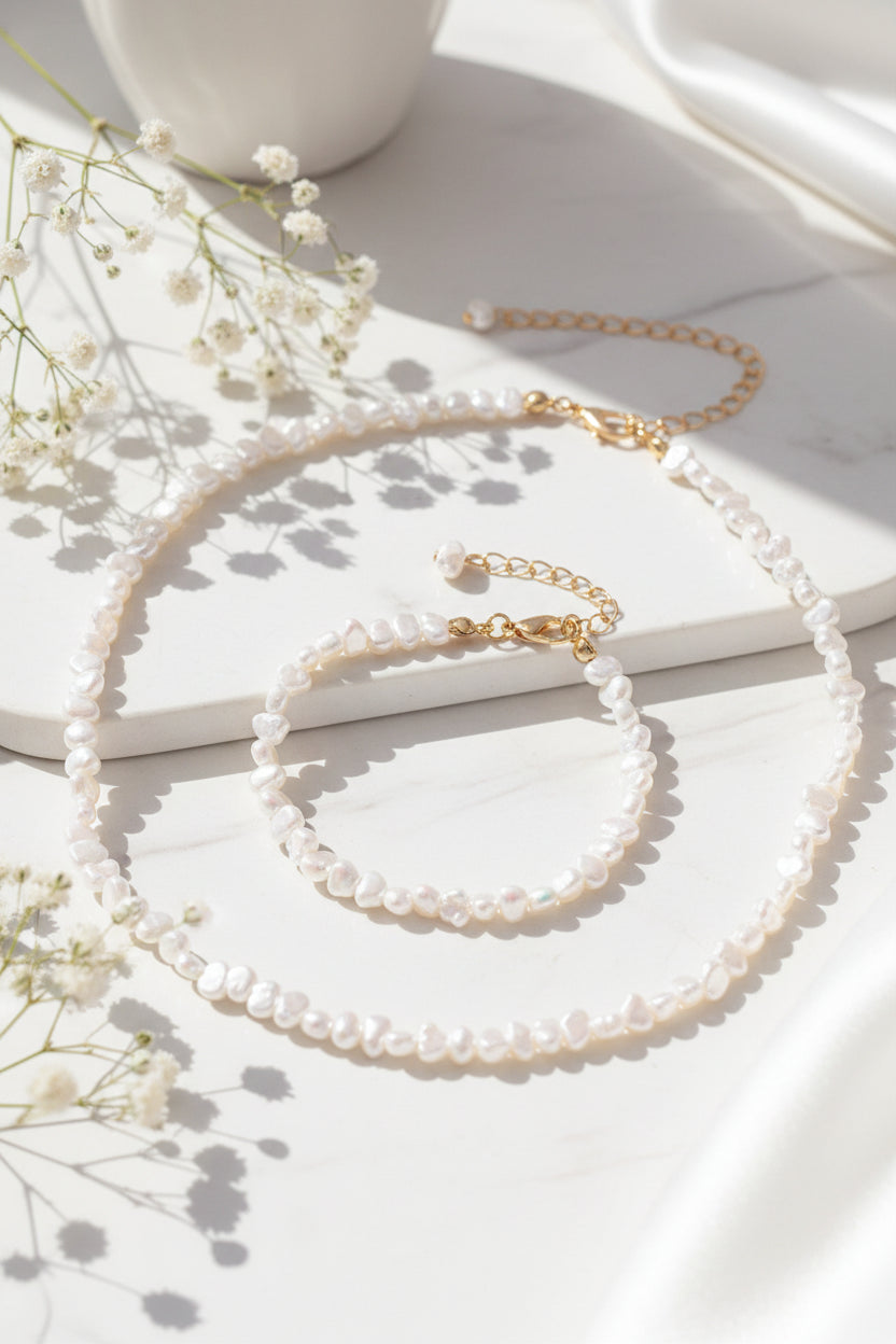 Perfectly Imperfect Pearl Necklace and Bracelet Set - 2 colors - Hello Baabs